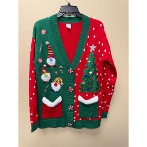 Holiday Time Womens Ugly Christmas Sweater Cardigan Gnomes Tree Red Green XS 0-2